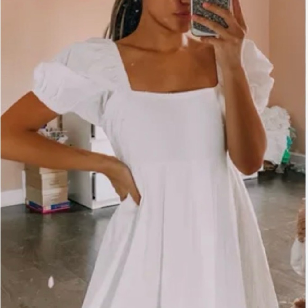 Altard State- Chic Ivory Puff Sleeve Mini Dress